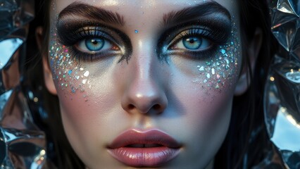 Experimental icy makeup with holographic accents and intricate silver details, artistic close-up.
