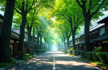 Obraz premium Street lined with traditional Japanese houses. Rich green trees create tunnel effect. Sunlight streams through leaves creating serene, beautiful scene. Calm urban street. Peaceful residential area.