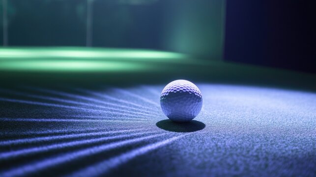 A lone golf ball is illuminated on a putting green with a cool and moody atmosphere