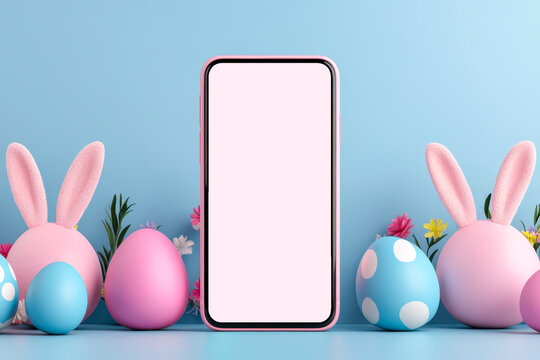 Colorful Easter-themed setup featuring a phone and decorative eggs arranged against a blue background