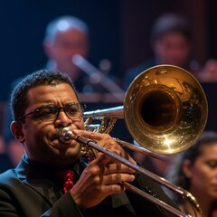 Obraz premium Trombone Player Performing on Stage with the orchestra