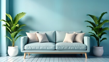 Empty modern living room with light teal walls and light blue couch. Light beige pillows sit on sofa. Green plants in white pots are in corners. Light wooden flooring. Interior design concept.