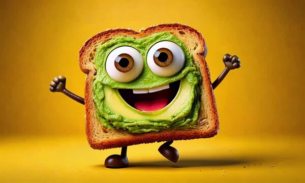 Happy Dancing Avocado Toast Character on a Yellow Background