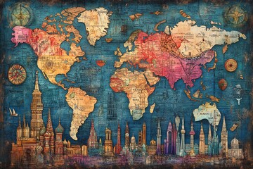 Fototapeta premium Vintage World Map with Landmarks; Travel Poster