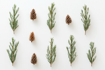 flatlay with Christmas tree or pine branches with green needles, pinecones