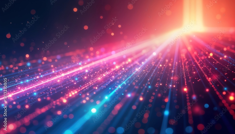 Aufkleber colorful dynamic abstract tech background shows bright lines, particles moving towards bright light.