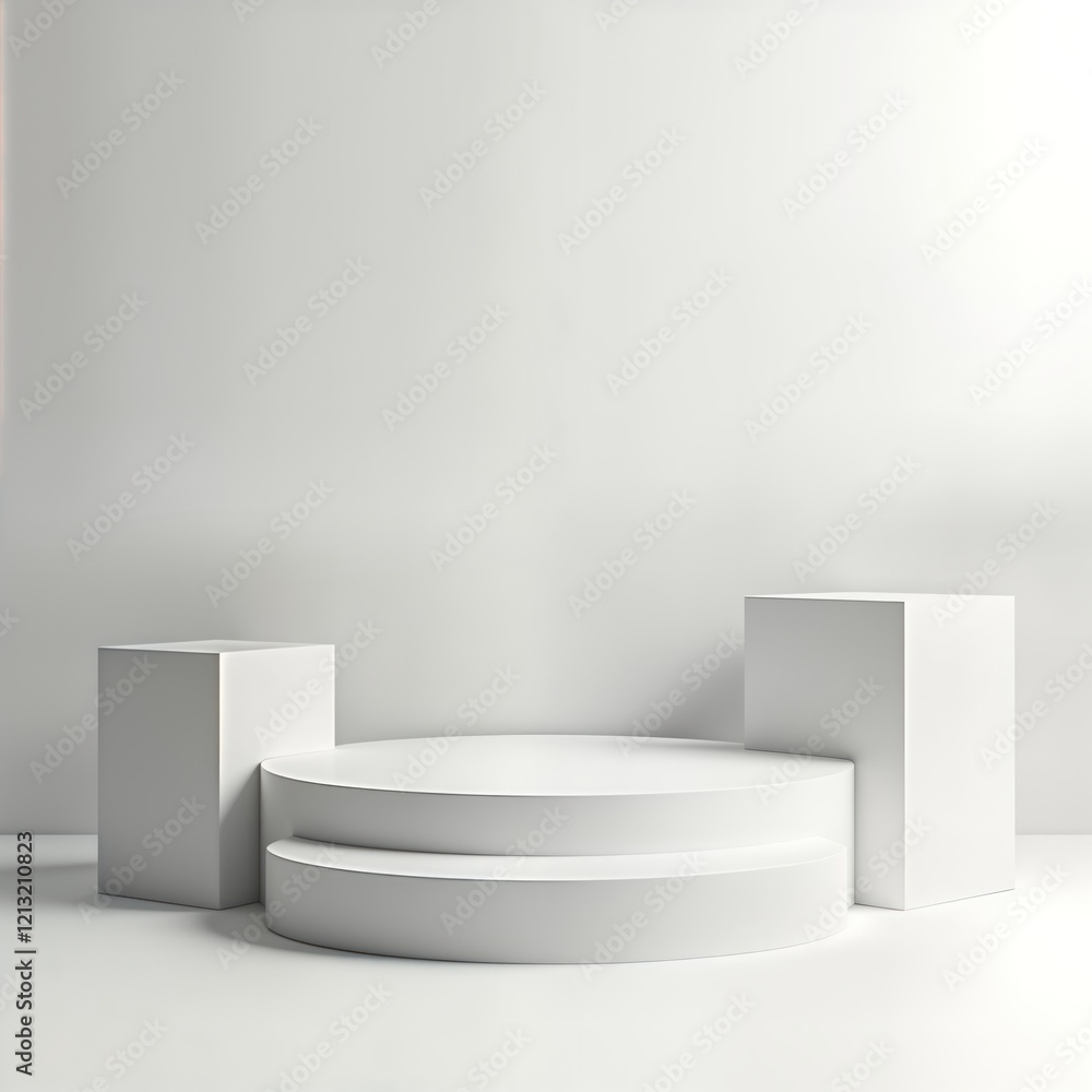 Poster Minimalist white podium design. Empty platform for products. Studio shot. Geometric shapes. Abstract presentation background. Modern style. Clean, simple composition. High quality render. Ideal for