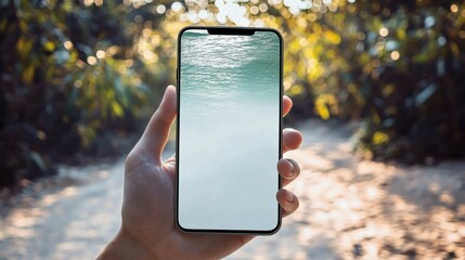 A hand holds a smartphone displaying water imagery, set against a serene, blurred nature background, suggesting a peaceful lifestyle and technology.