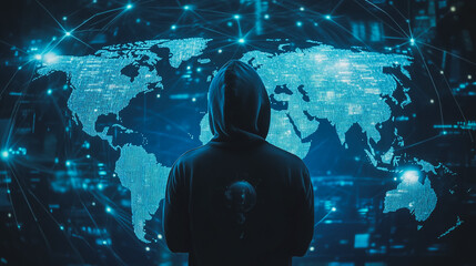 Obraz premium Hacker are planning to hack and attack networks and cyber security systems.team people innovation connection of line from nail node to node on map background , networking concept