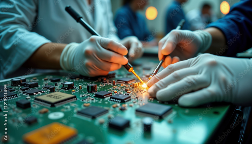Aufkleber workers carefully assemble electronic circuit boards. use soldering tools with precision. tech indus