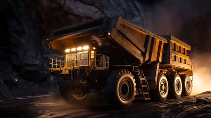 Mining Truck at Night: Heavy Machinery in a Dark Quarry