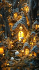 Fototapeta premium Enchanting fairy tale cottage nestled in a snowy winter wonderland with glowing lights festive ornaments and whimsical forest creatures surrounding the cozy home