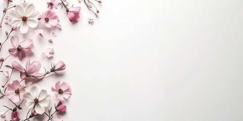 Pink cosmos flowers styled in a corner layout on a white background 