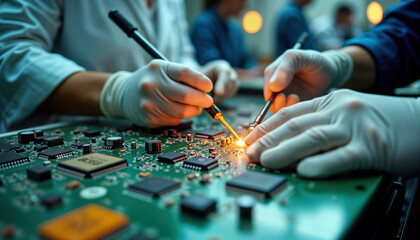Workers carefully assemble electronic circuit boards. Use soldering tools with precision. Tech industry assembly line process. Close-up view shows technical skill, precision in manufacturing. Modern