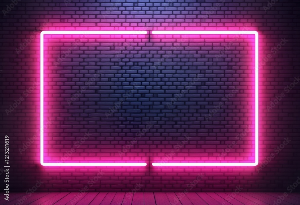 Poster neon pink purple frame on dark brick wall. empty space for advertisement text display. glowing light