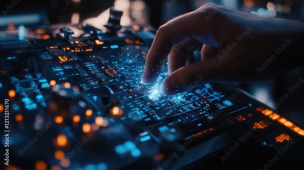 Poster close up of an engineer's hand interacting with a futuristic touchscreen, triggering streams of digi