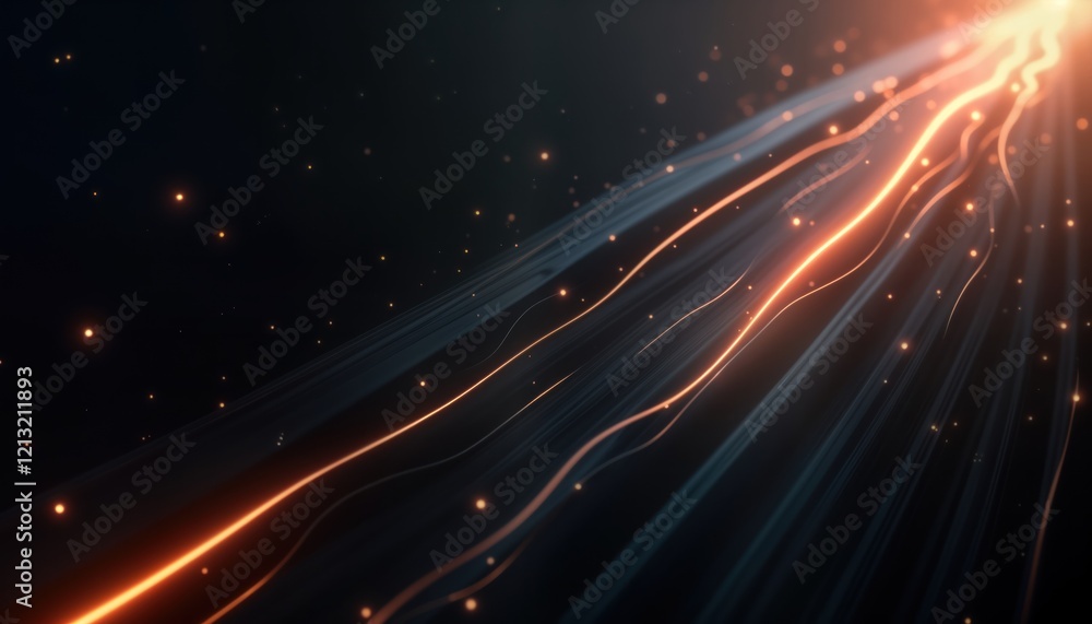 Poster Abstract graphic design. Glowing lines, radial pattern in dark background. Modern geometric visuals. Smooth gradient effect. Vivid orange light trails. Subtle small particles. Stylish minimalist
