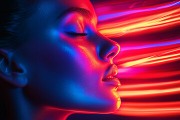Profile of a woman with eyes closed, illuminated by vibrant red and blue neon lights and digital light trails