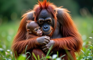 Orangutan mother lovingly embraces infant in wild rainforest setting. Close up portrait tenderness, care. Mother primate carefully holds baby. Jungle environment surrounds. Wild animal family moment.