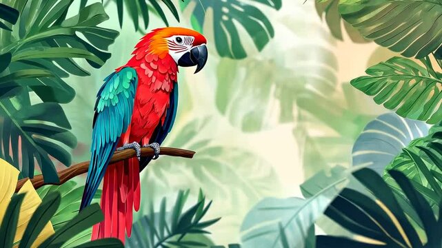 Colorful parrot perched amongst lush green tropical foliage