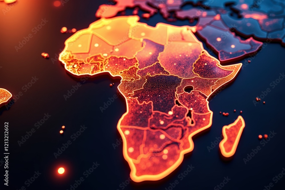 Poster abstract representation of africa with geometric patterns in vibrant colors highlighting technologic
