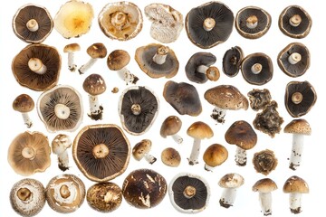 Obraz premium A collection of various mushroom species displayed on a white background.