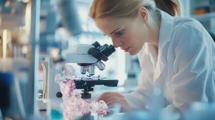 Focused scientist examining specimens in modern laboratory using microscope