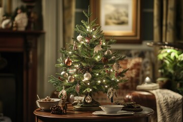 Decorated Christmas tree on table, cozy living room