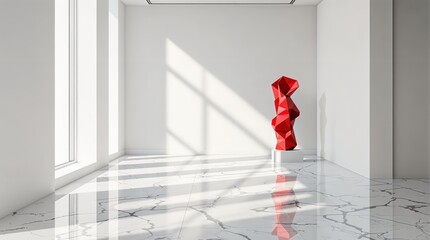 Modern interior with red geometric sculpture in sunlit minimalist space