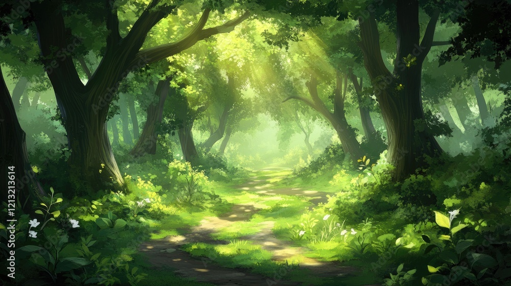 Aufkleber sunlight filtering through the lush green canopy of a forest illuminating a winding path