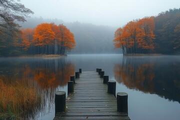 misty lake enveloped in soft autumn fog with a rustic wooden pier extending out into the water...