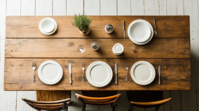 Overhead view of rustic wooden dining table set for four, with plates, cutlery, and herbs.