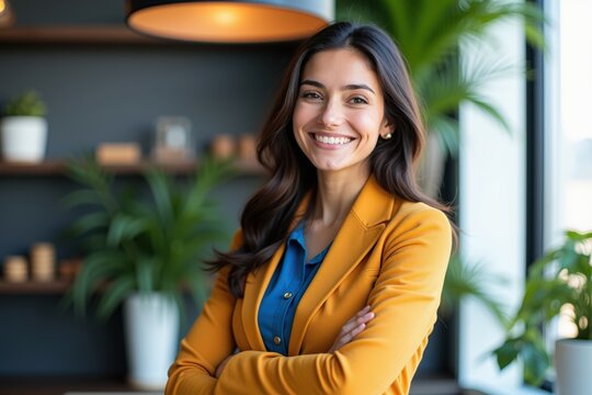 Smiling Businesswoman in Stylish Office Attire with Indoor Plants - A Confident Professional in a Modern Workspace Setting