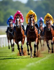 Selbstklebende Fototapeten Jockeys urge horses forward in thrilling horse racing competition. Horses run with great speed on grass track. Colorful jockey uniforms, helmets clearly visible. Intense energy, athleticism of sport © miss irine