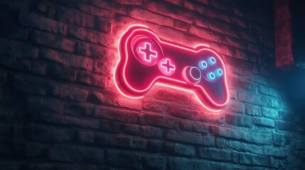 Neon gamepad sign on a brick wall.
