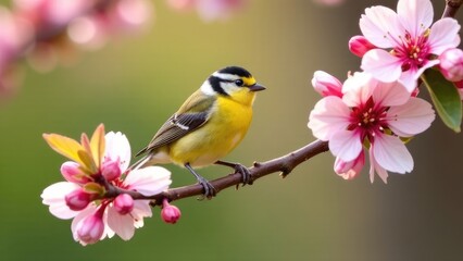 Fototapeta premium A small yellow tit bird sits on a branch of a blossoming cherry and apple tree in the garden. Spring background