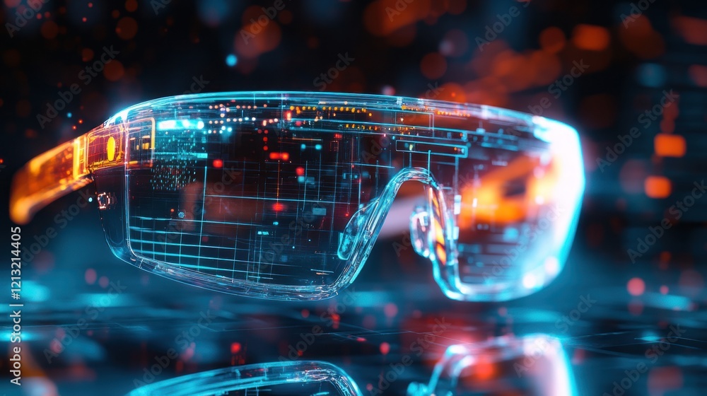 Poster futuristic glasses displaying data, bokeh background