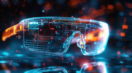Futuristic glasses displaying data, bokeh background