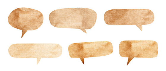 set water color brown paper comic speech bubbles. Hand drawn retro cartoon stickers. Pop art style, white background, no bolder