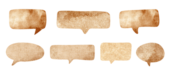 set water color brown paper comic speech bubbles. Hand drawn retro cartoon stickers. Pop art style, white background, no bolder