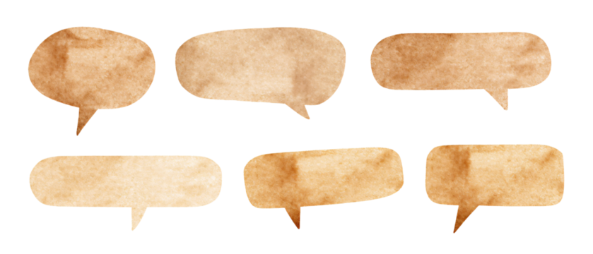 set water color brown paper comic speech bubbles. Hand drawn retro cartoon stickers. Pop art style, white background, no bolder
