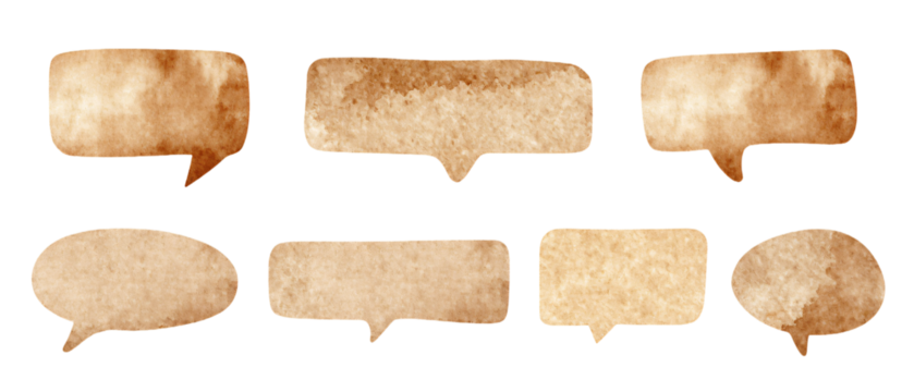 set water color brown paper comic speech bubbles. Hand drawn retro cartoon stickers. Pop art style, white background, no bolder