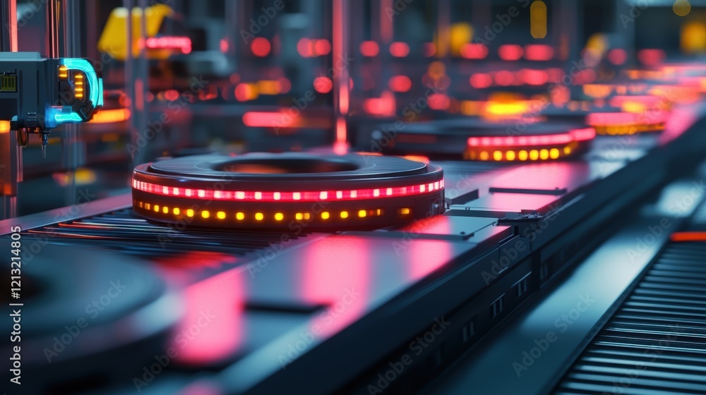 Poster futuristic robotic arm moving illuminated components along an assembly line inside a high tech facto