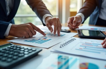 Businesspeople in meeting room review financial reports, graphs. Team members discuss investment analysis, marketing strategies on documents, tablets. Analyze data, plan for future growth.