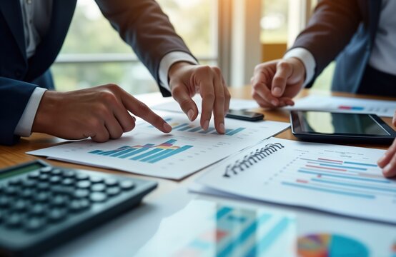 Businesspeople in meeting room review financial reports, graphs. Team members discuss investment analysis, marketing strategies on documents, tablets. Analyze data, plan for future growth.