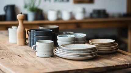 Rustic wooden table displays assorted handmade ceramic tableware; mugs, bowls, plates.