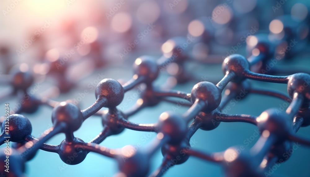 Poster Extreme closeup view of graphene nanomaterial. Atomic structures, conductivity properties highlighted in research-style image. Graphene lattice shows complex atomic bonds. Molecular structure