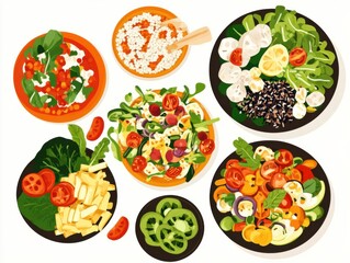 A vibrant display of healthy vegetarian meals, featuring a variety of colorful vegetables and grains, emphasizing balanced nutrition and wellness