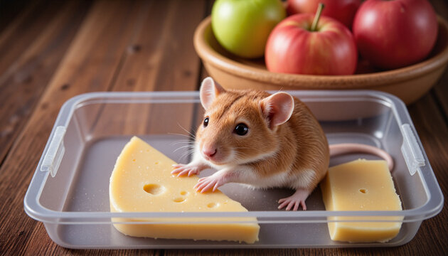 Playful brown mouse nibbling on Parmesan cheese with fresh fruit in the background