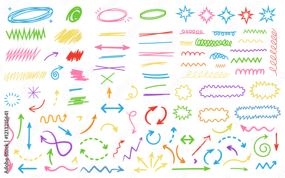 Fototapete hand drawn scribble set colorful underline element drawing art arrow highlight vignetting decoration